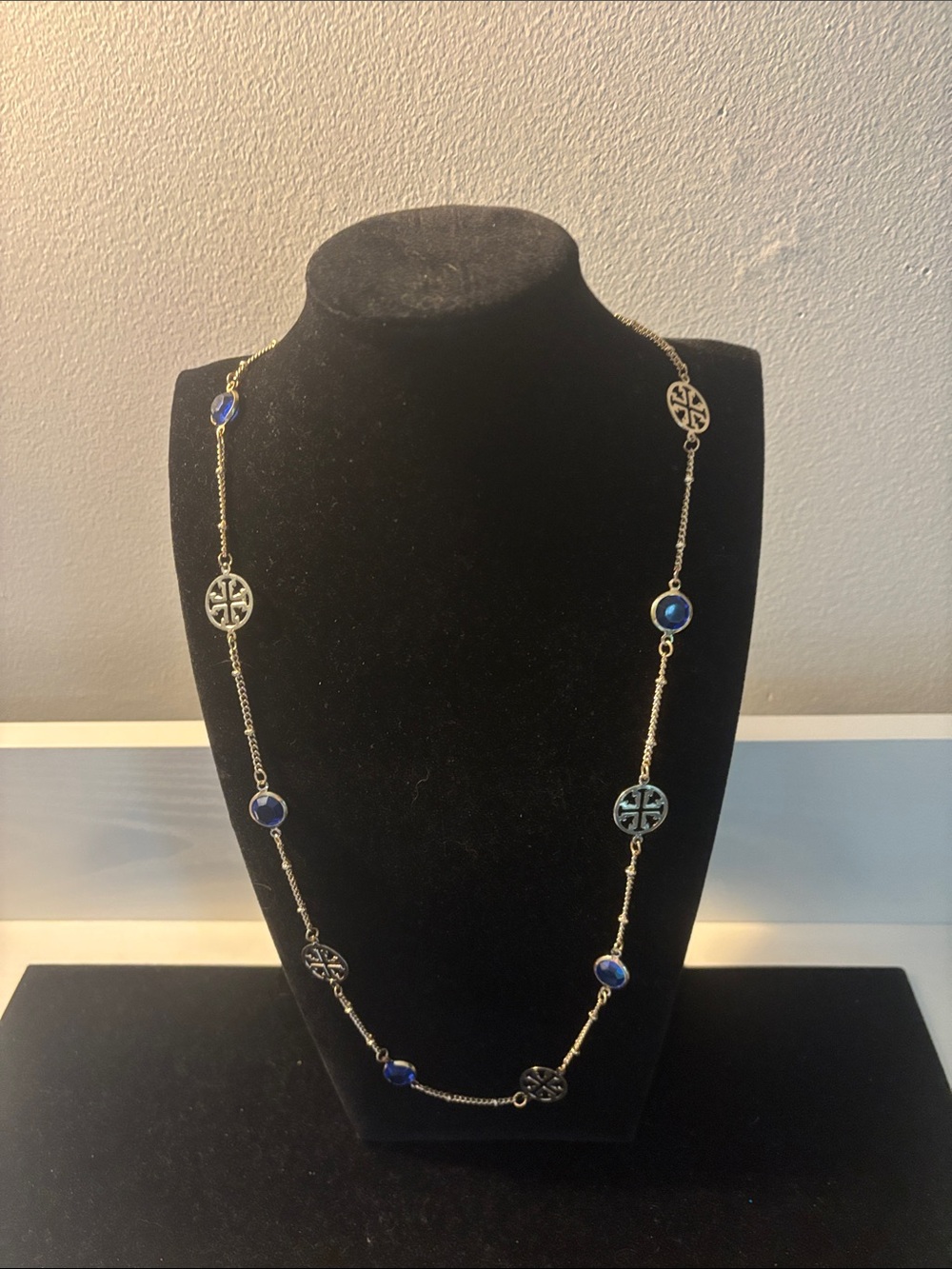 Isis Long Silver Necklace with Blue Cabochons and matching earrings
